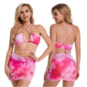 Shein 3 Piece Pink Tie Dye Bandeau Halter Top Bikini Bottom & Skirt Coverup New
